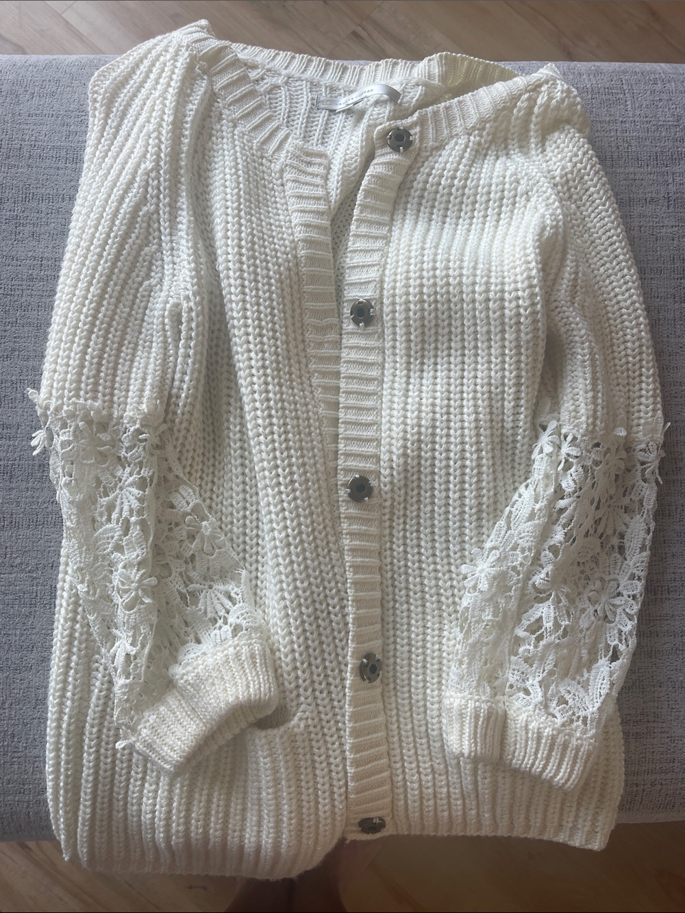 LC Lauren Conrad Cream Knit Cardigan with Floral Lace Sleeves